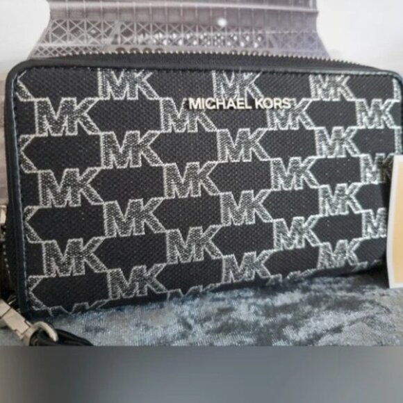 NWT Michael Kors Jet Set Travel Wristlet Wallet MK Black shimmer - Picture 1 of 7